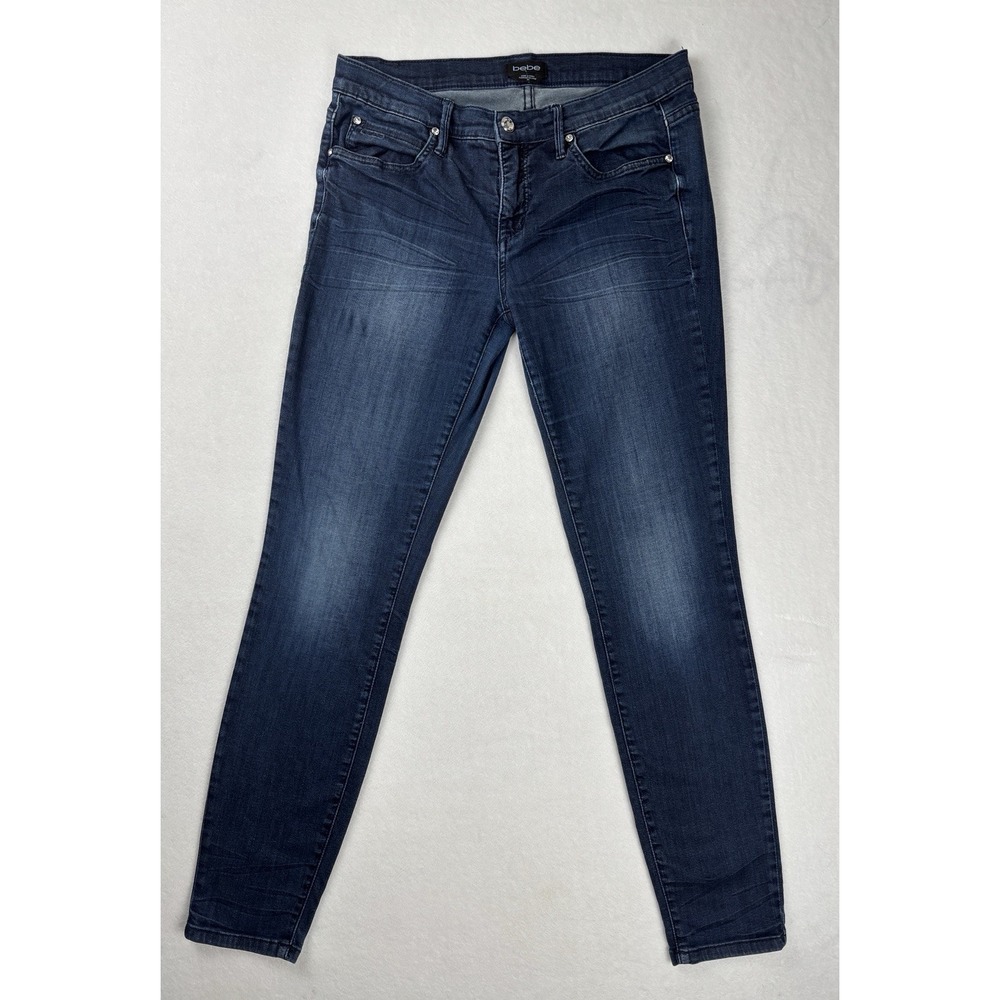 Bebe Women's Skinny Jeans Dark Wash Rhinestone Pocket Stretch Size 30 Y2K